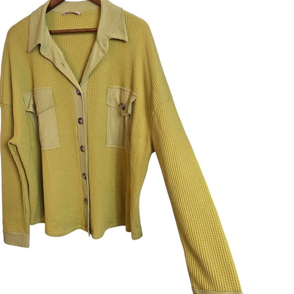 Ces Femme Womens Waffle Knit Top Mustard Green Front Pockets Long Sleeves XLarge - Picture 4 of 14